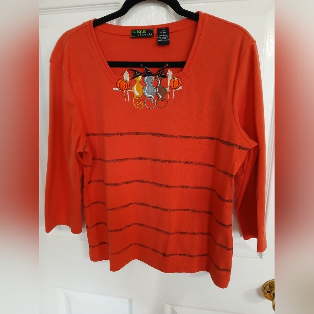 Onque Casuals HALLOWEEN Cats 3/4 Length Sleeve Shirt Witch Fall Size Large - Picture 2 of 5